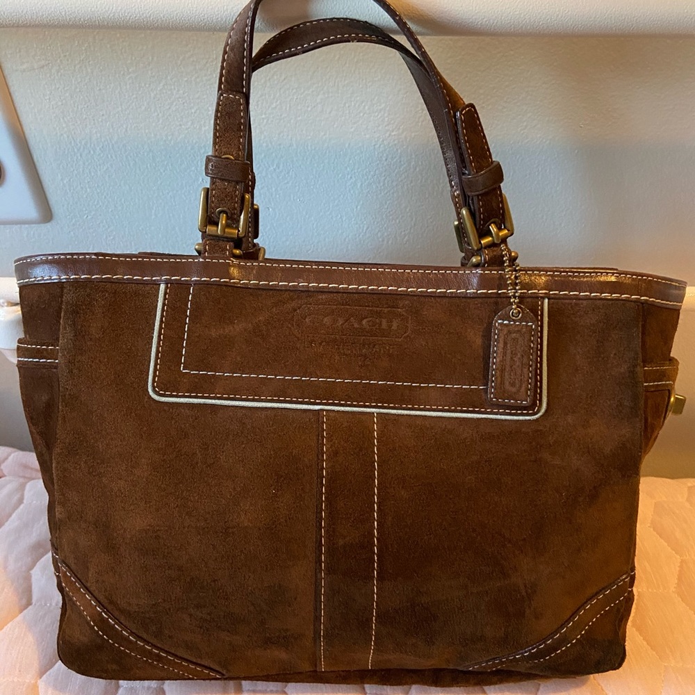 Coach brown suede tote with sky blue accent
